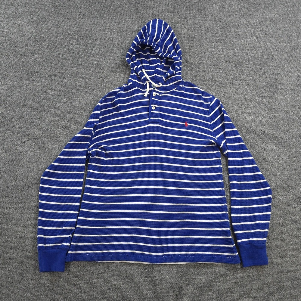Vintage Polo Ralph Lauren Hoodie Mens L Blue Striped Thermal Henley Pony Logo